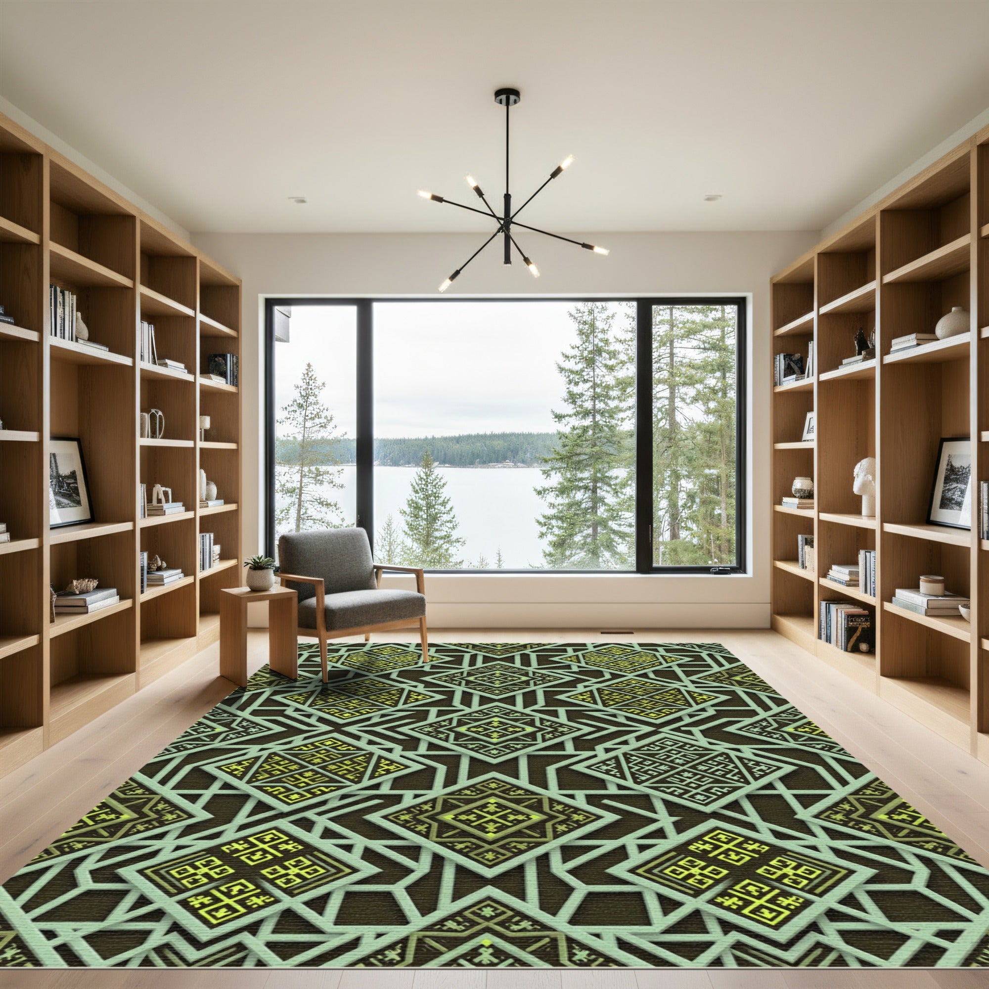 Sage Green Geometric Lattice Diamond Rug