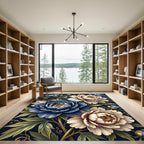 Navy Blue Peony Floral Botanical Arrangement Rug