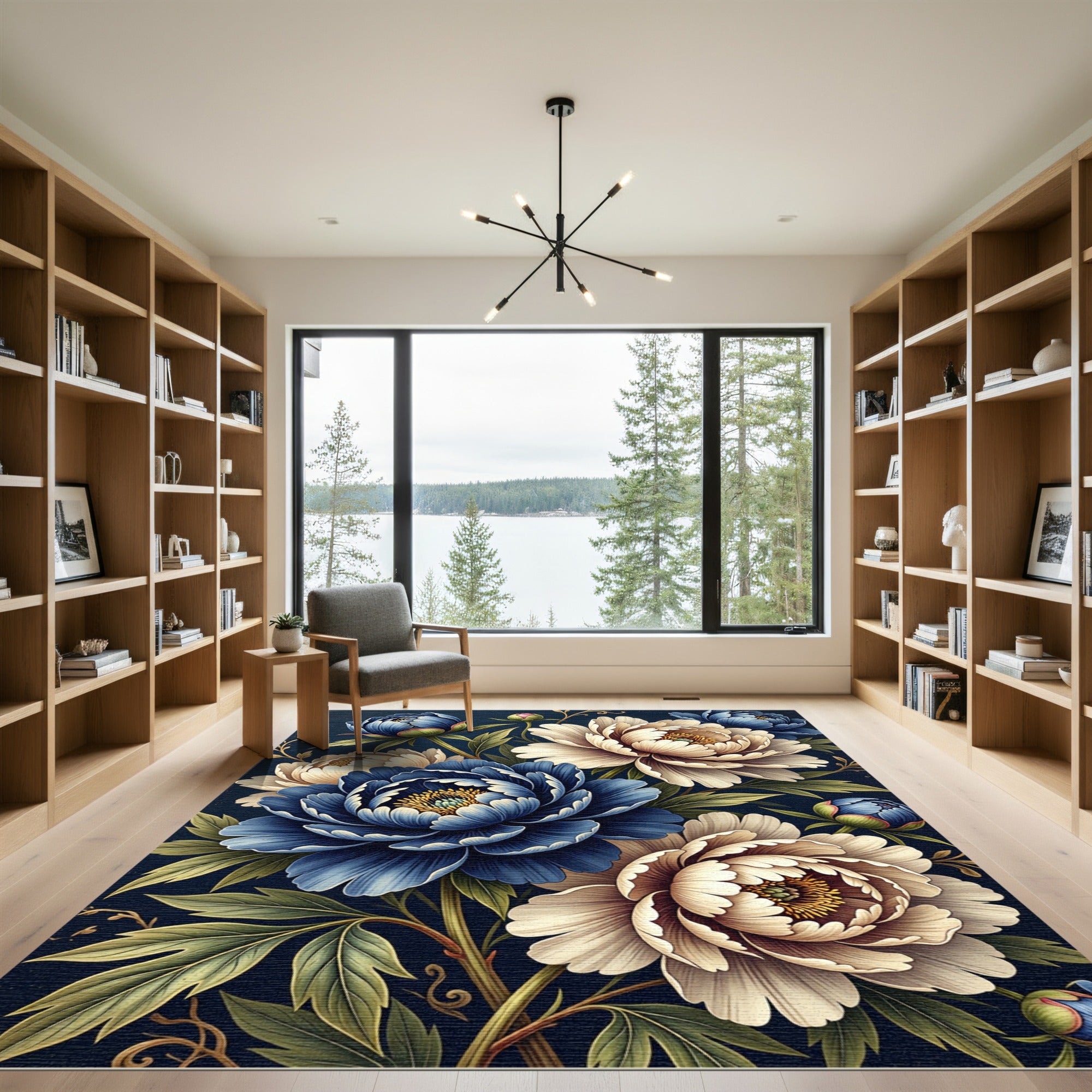 Navy Blue Peony Floral Botanical Arrangement Rug