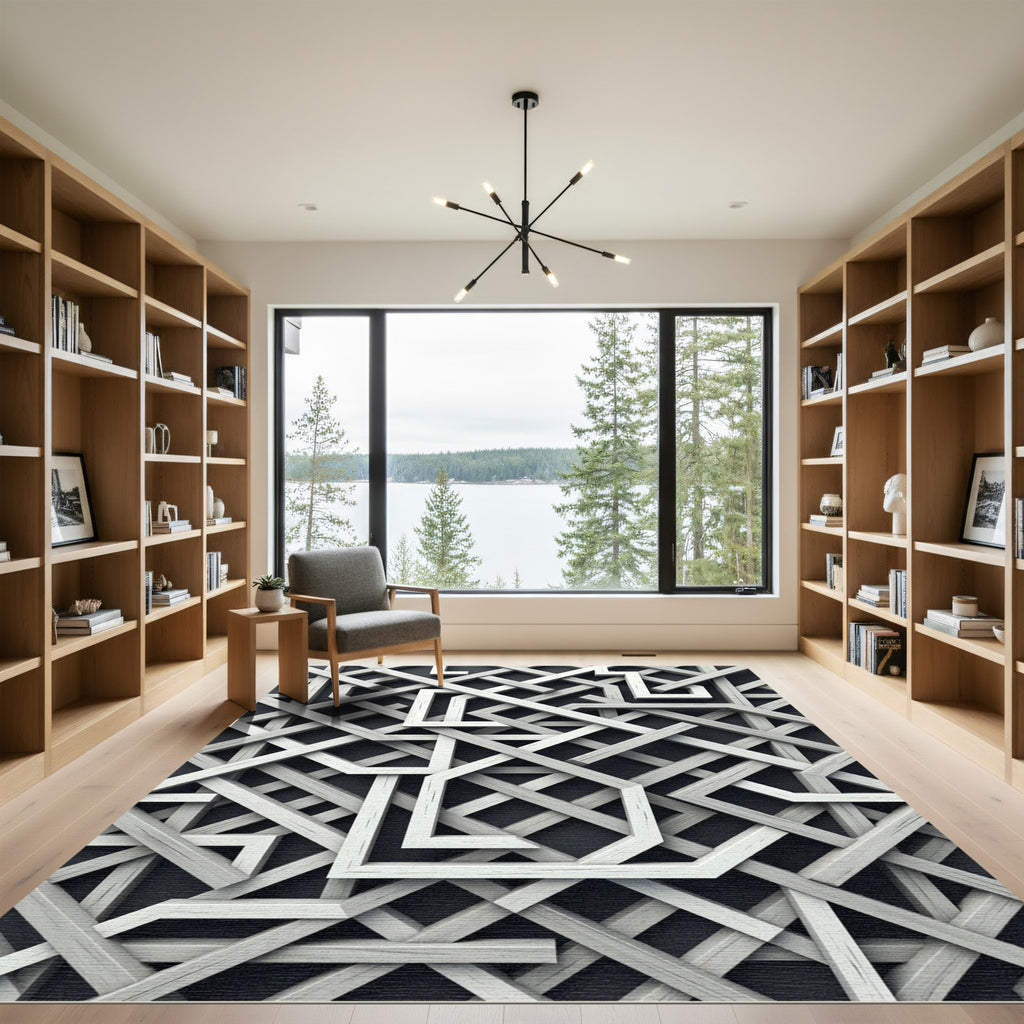 Modern Monochromatic Geometric Interlocking Grid Rug