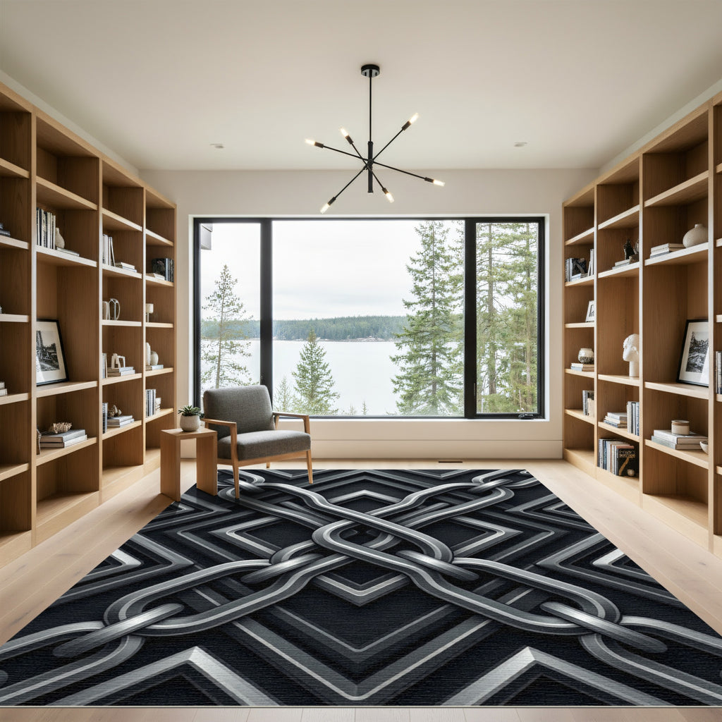 Metallic Interlocking Chain Geometric Slate Rug
