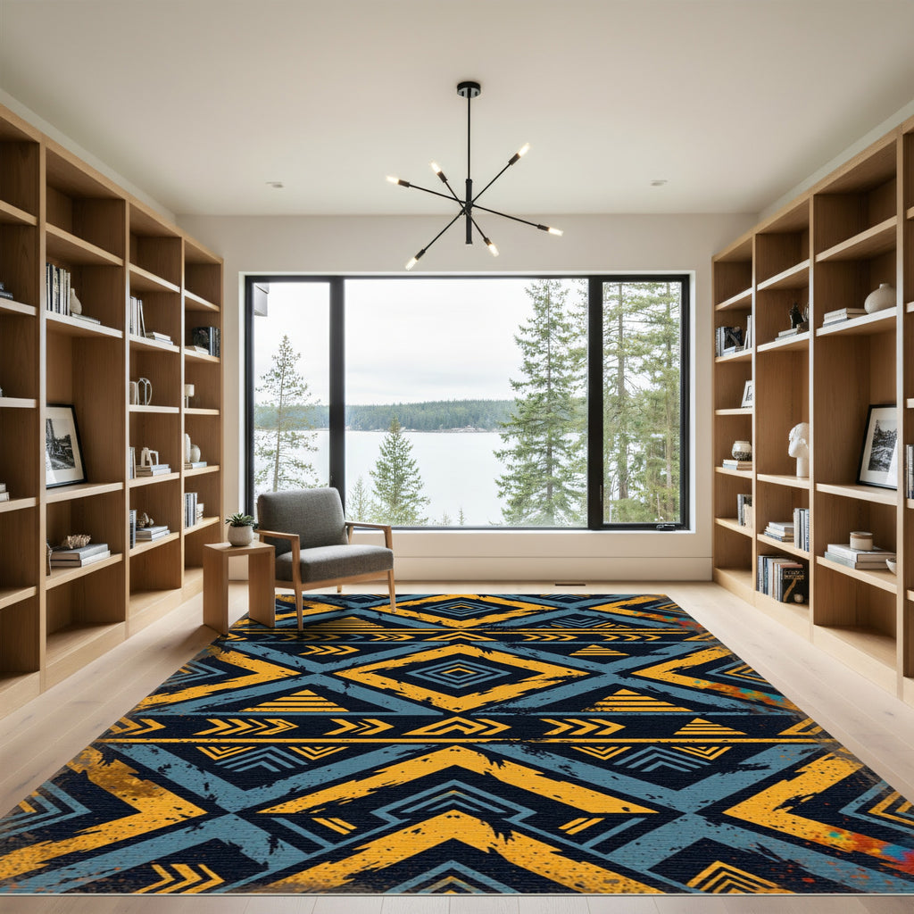 Bold Geometric Teal Ochre Diamond Rug