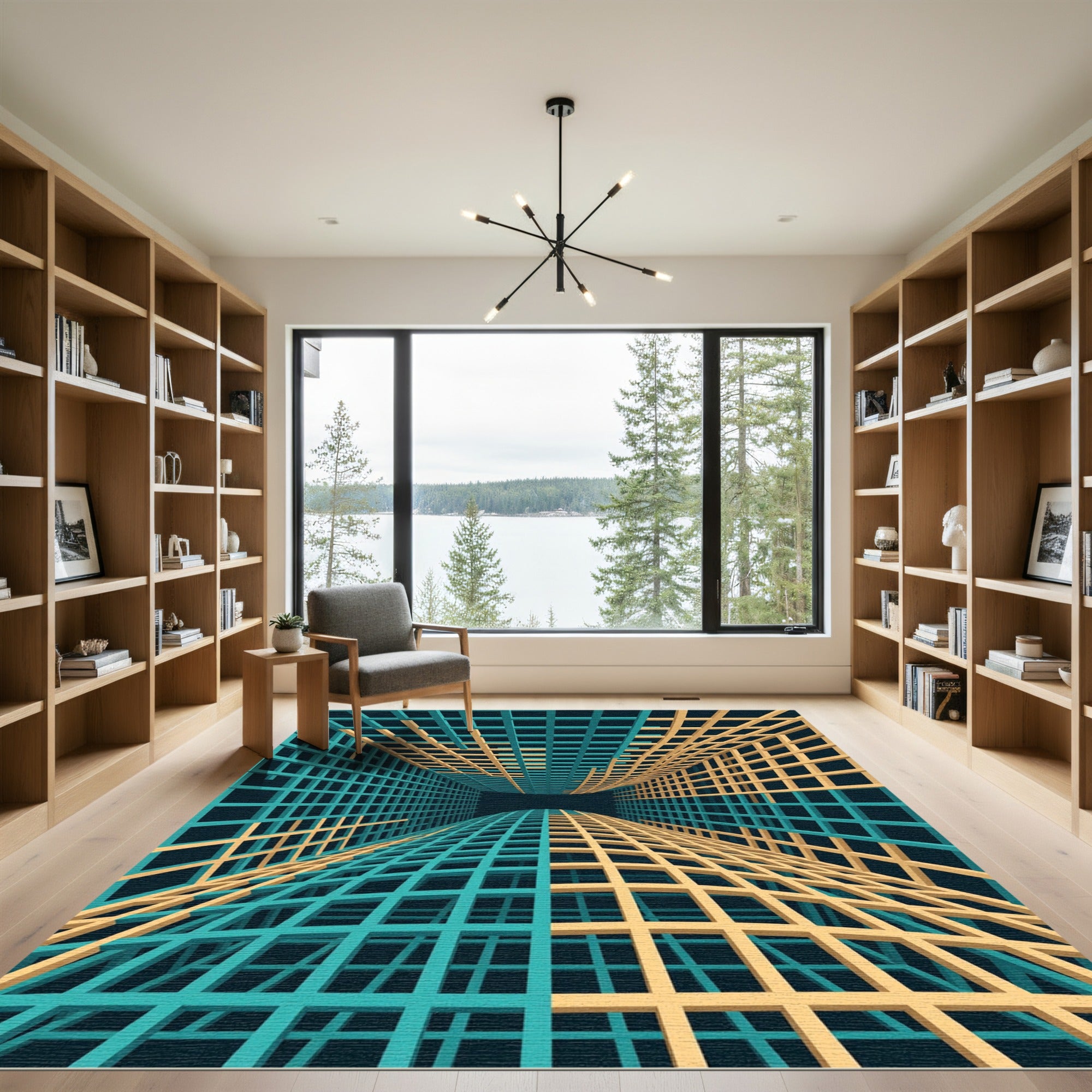 Teal and Amber Isometric Grid Maze Rug
