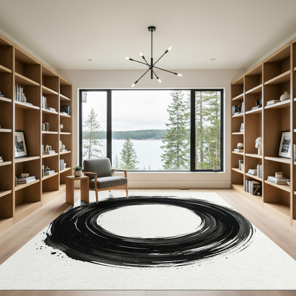 Abstract Black Brush Stroke Circle Rug