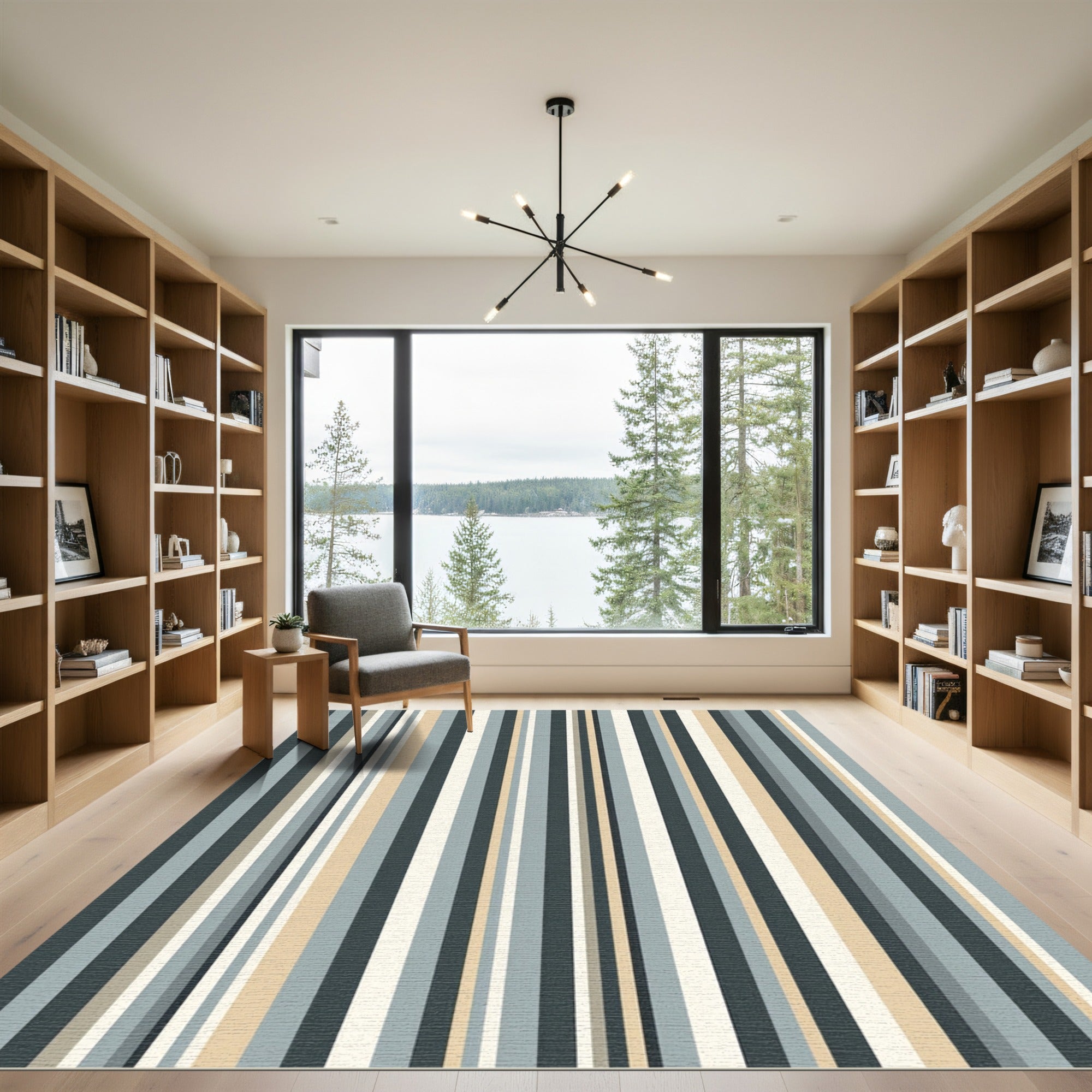 Modern Slate and Beige Vertical Stripe Rug
