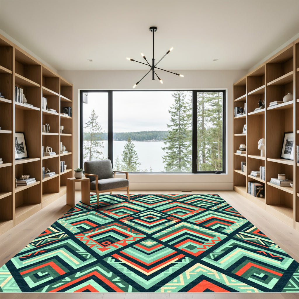 Coral Teal Geometric Diamond Chevron Rug