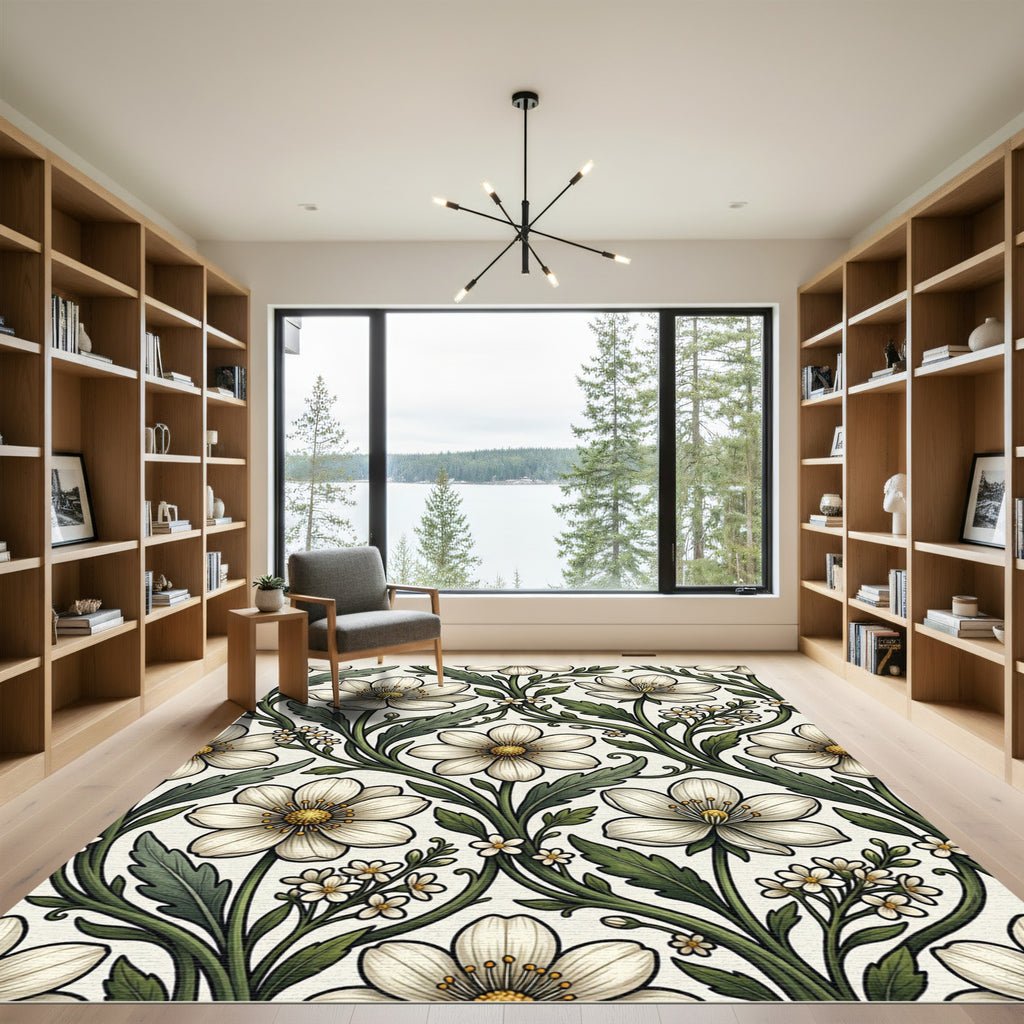 Elegant Neutral White Floral Botanical Rug