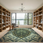 Ornate Sage Damask Scroll Medallion Rug