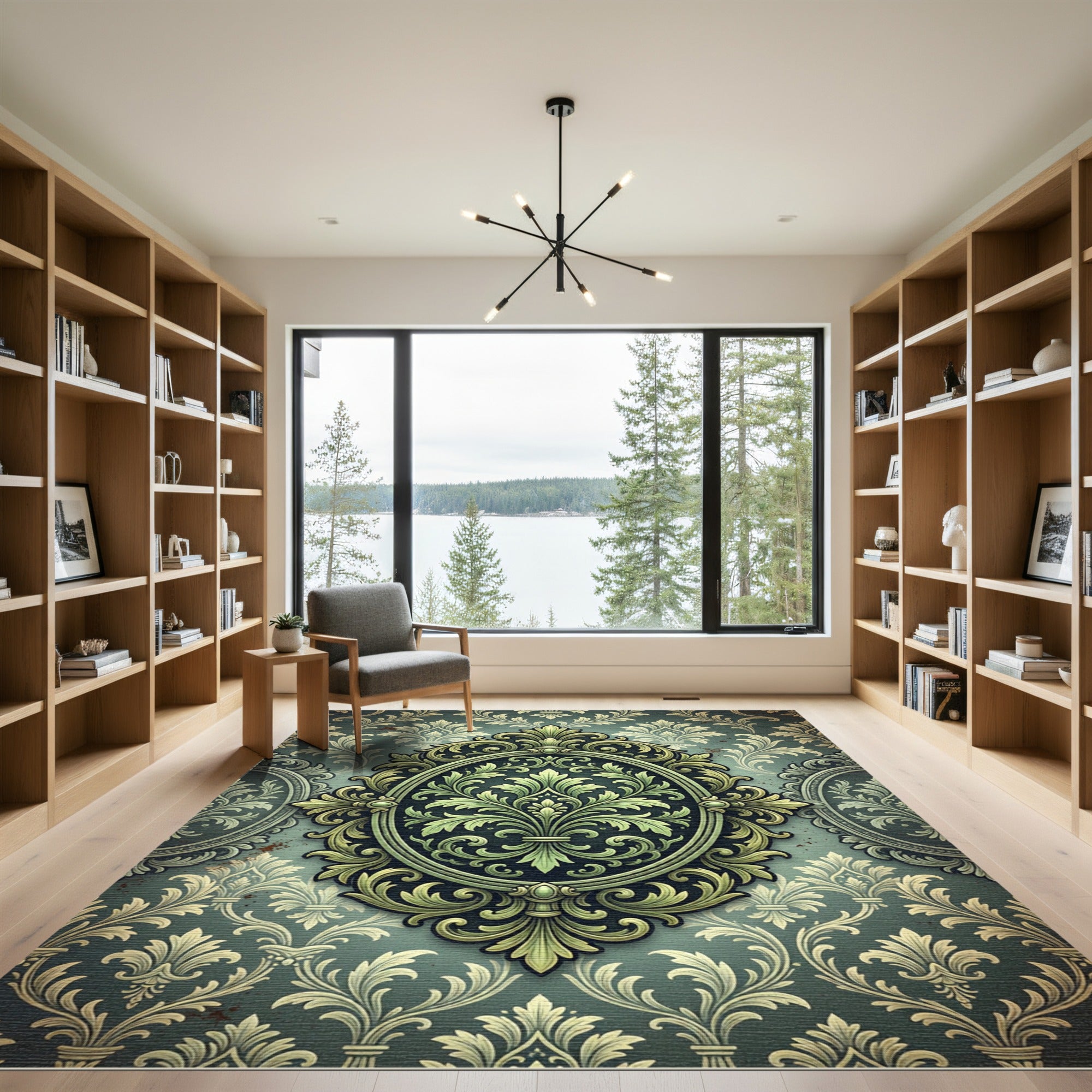 Ornate Sage Damask Scroll Medallion Rug