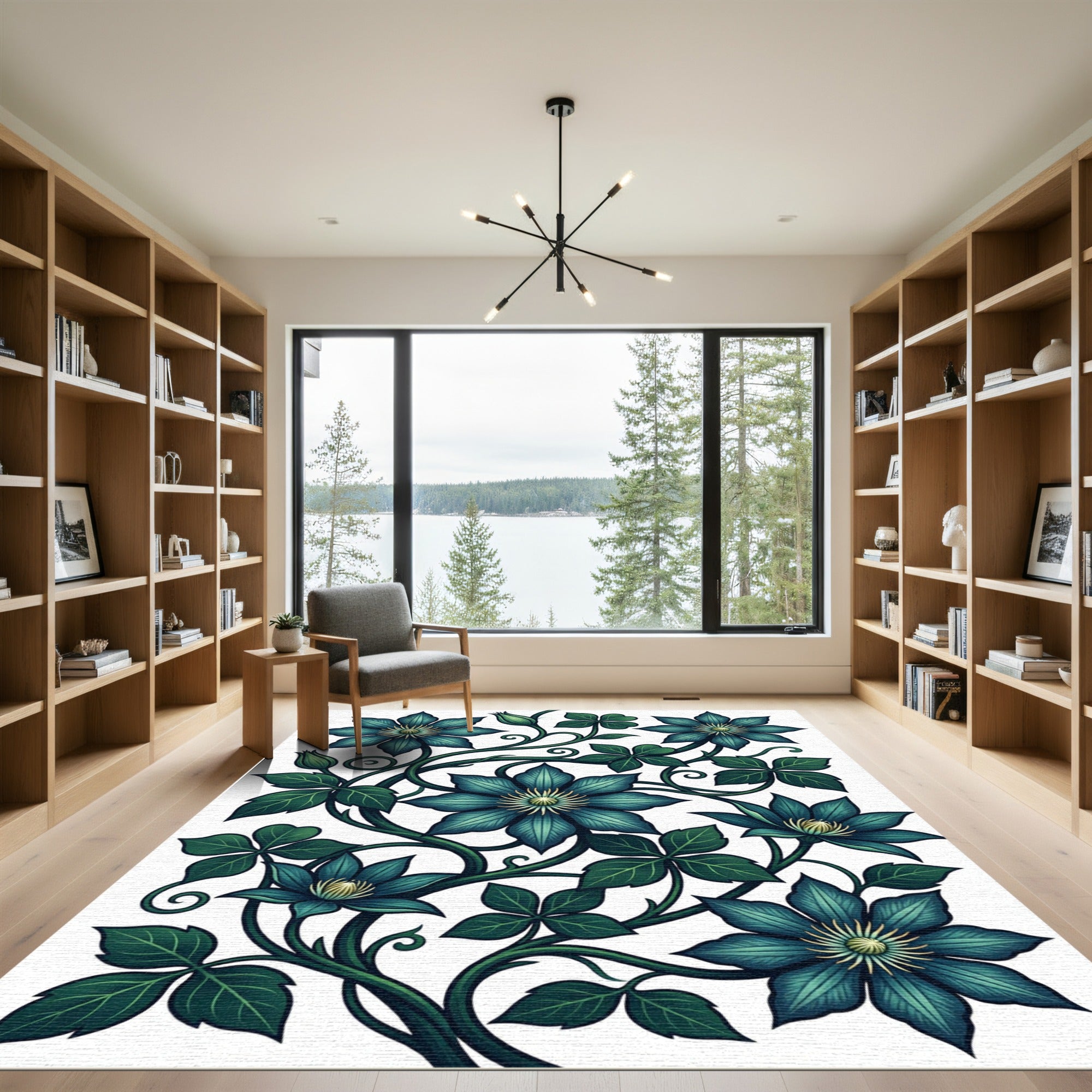 Deep Teal Floral Vine Art Rug