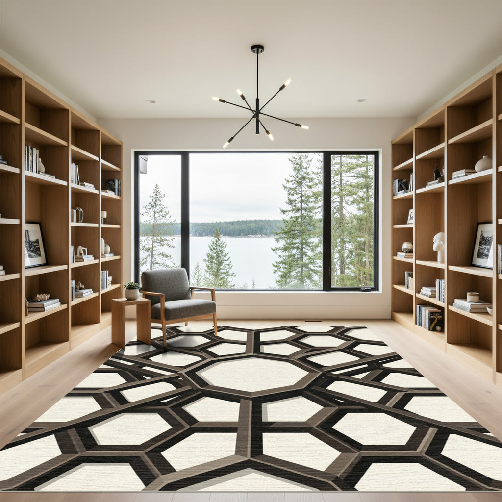 Geometric Brown Honeycomb Architectural Rug