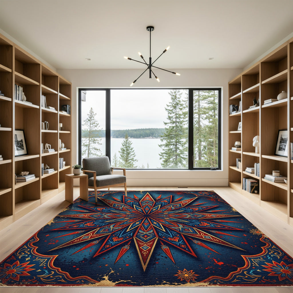 Sunburst Floral Medallion Crimson Blue Rug