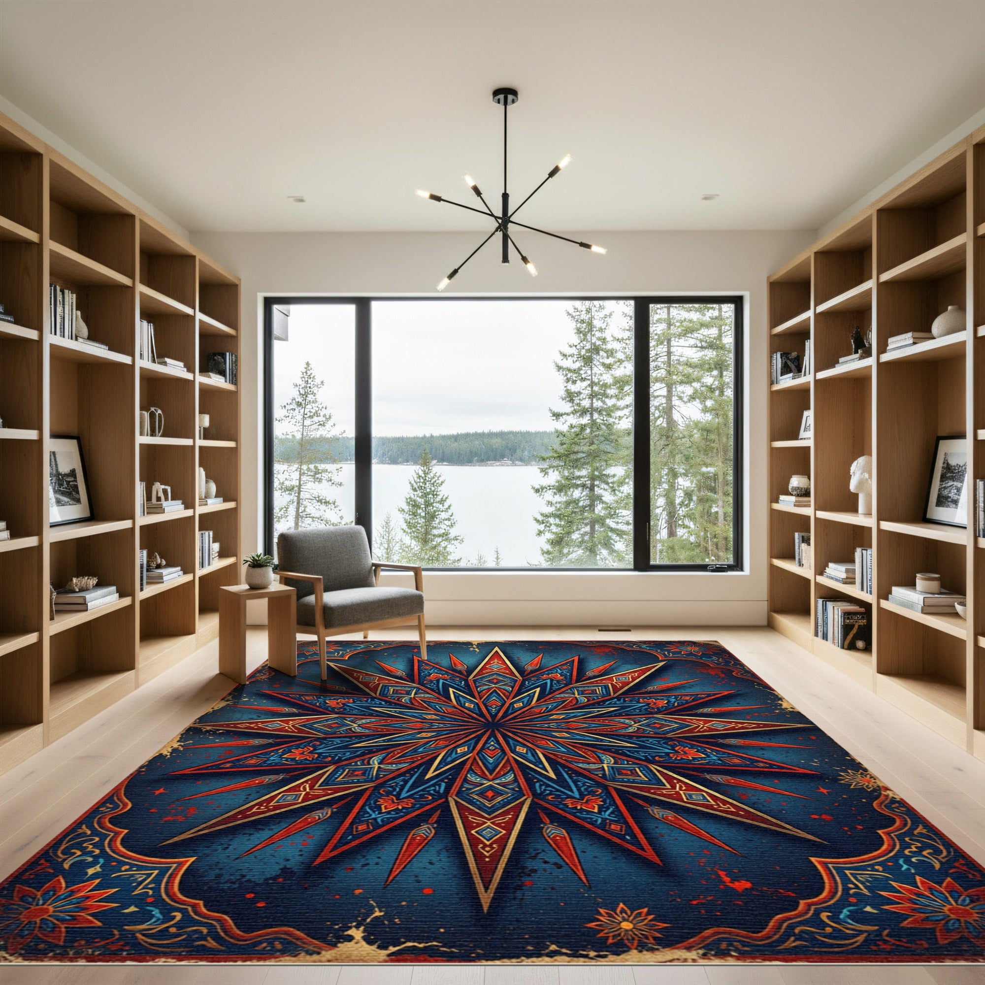 Sunburst Floral Medallion Crimson Blue Rug