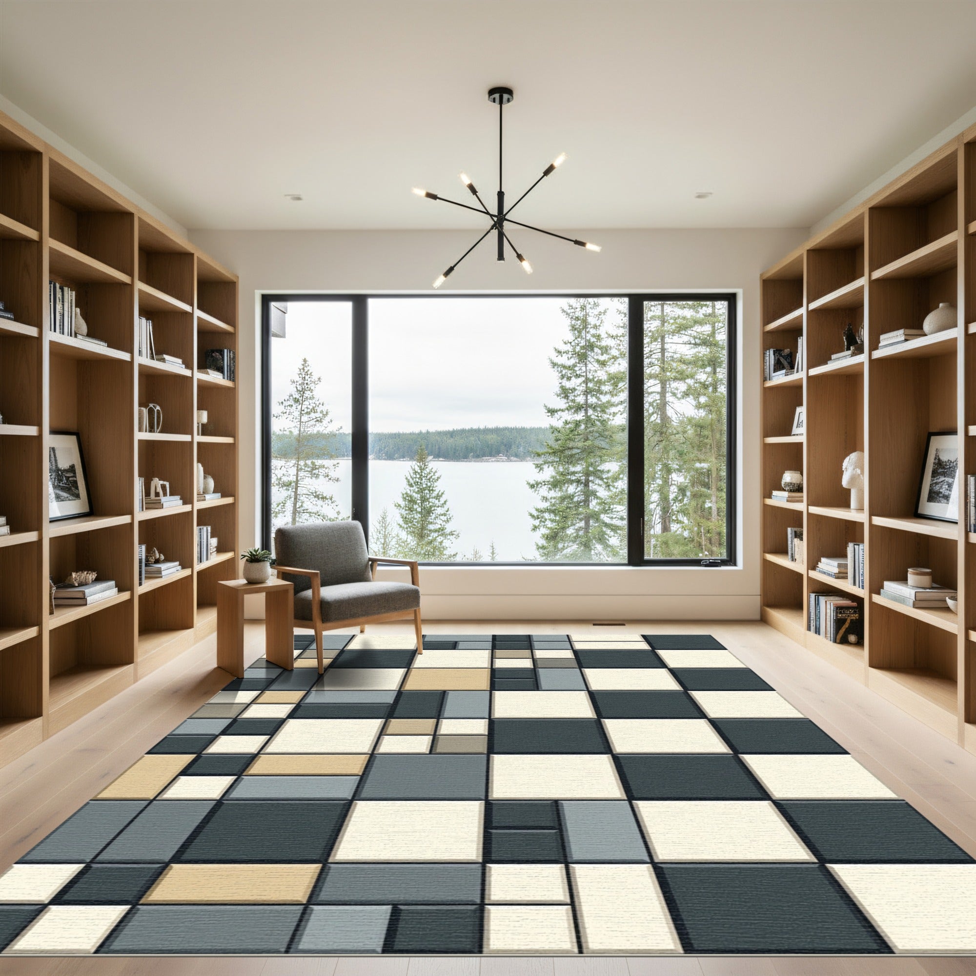 Modern Gray Beige Geometric Grid Rug
