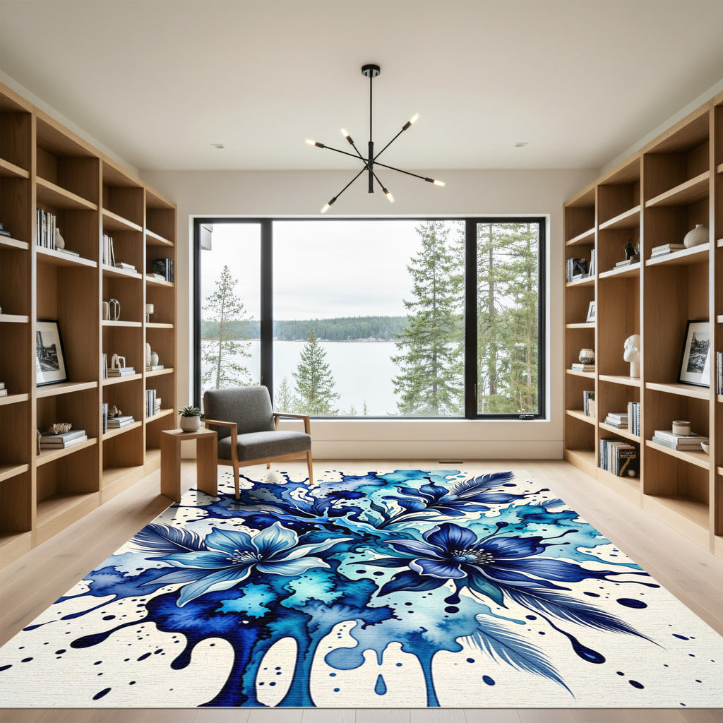 Deep Blue Watercolor Floral Feather Splash Rug