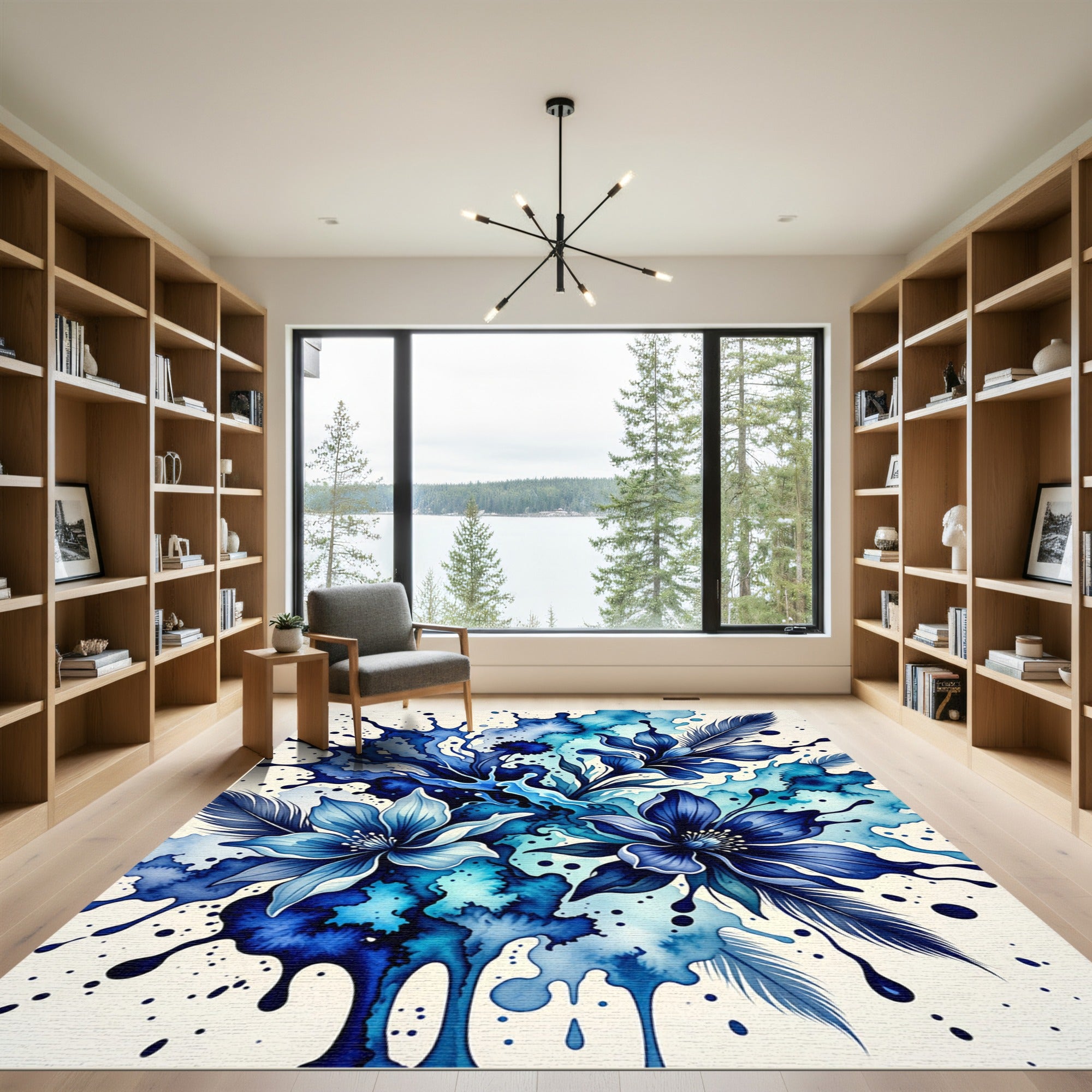 Deep Blue Watercolor Floral Feather Splash Rug