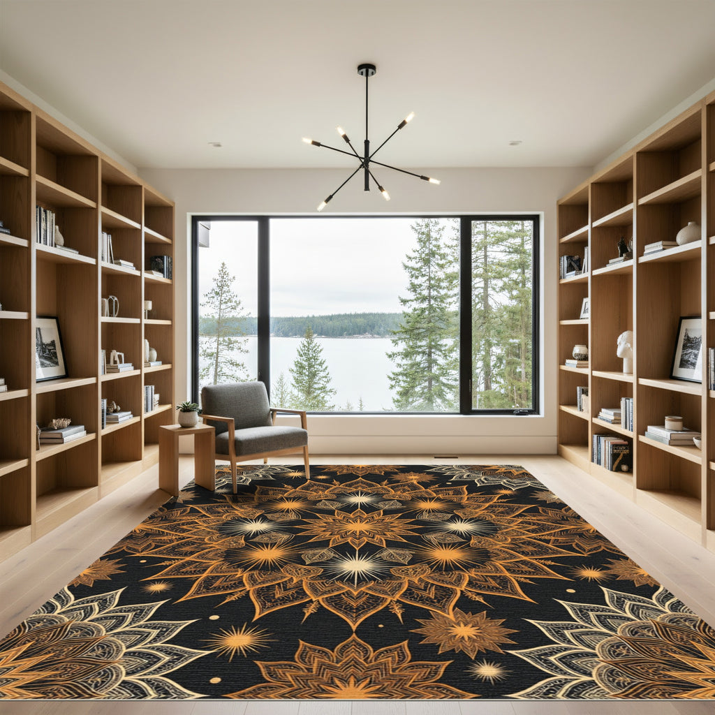 Golden Celestial Mandala Starry Night Rug