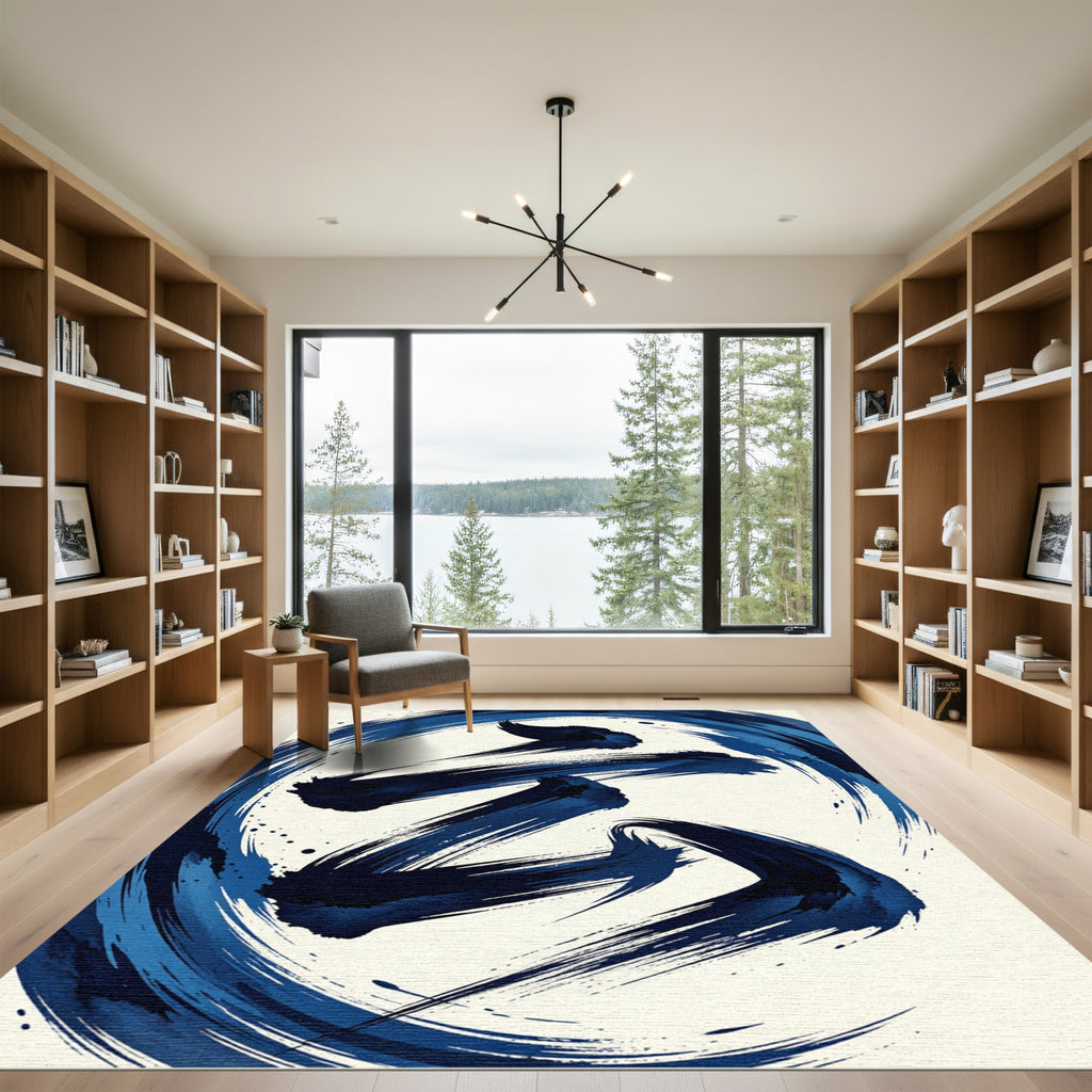 Dynamic Navy Ink Calligraphy Swirl Rug