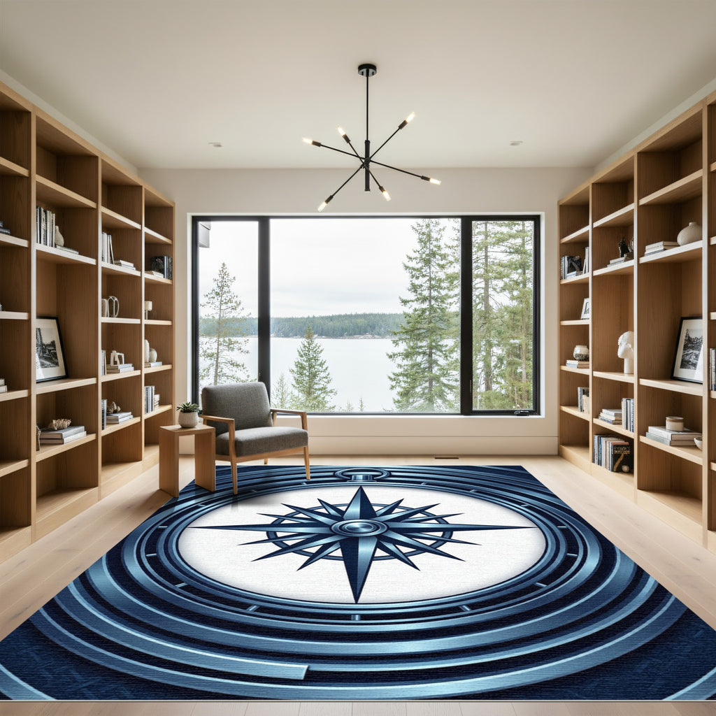 Metallic Navy Compass Rose Circular Rug