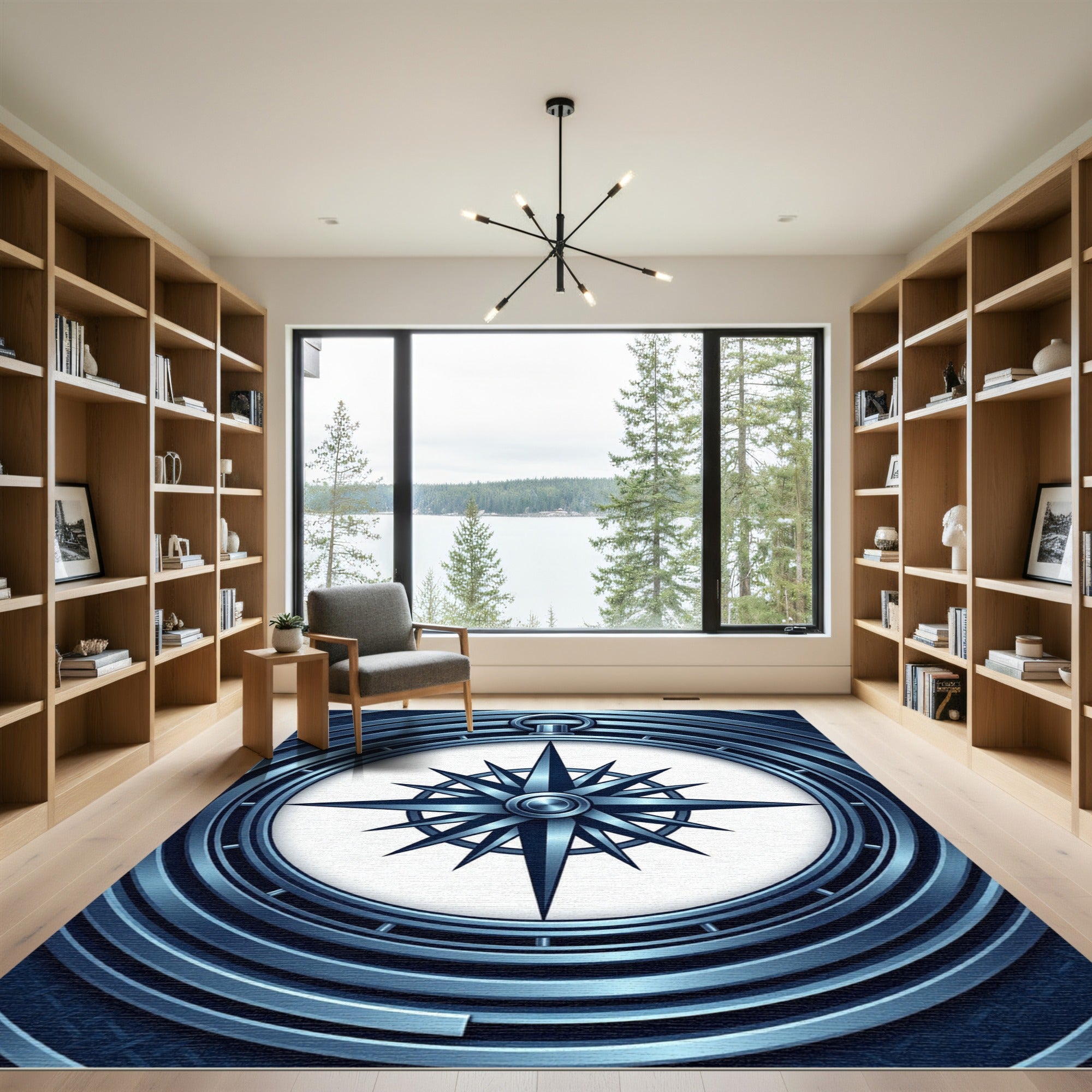 Metallic Navy Compass Rose Circular Rug