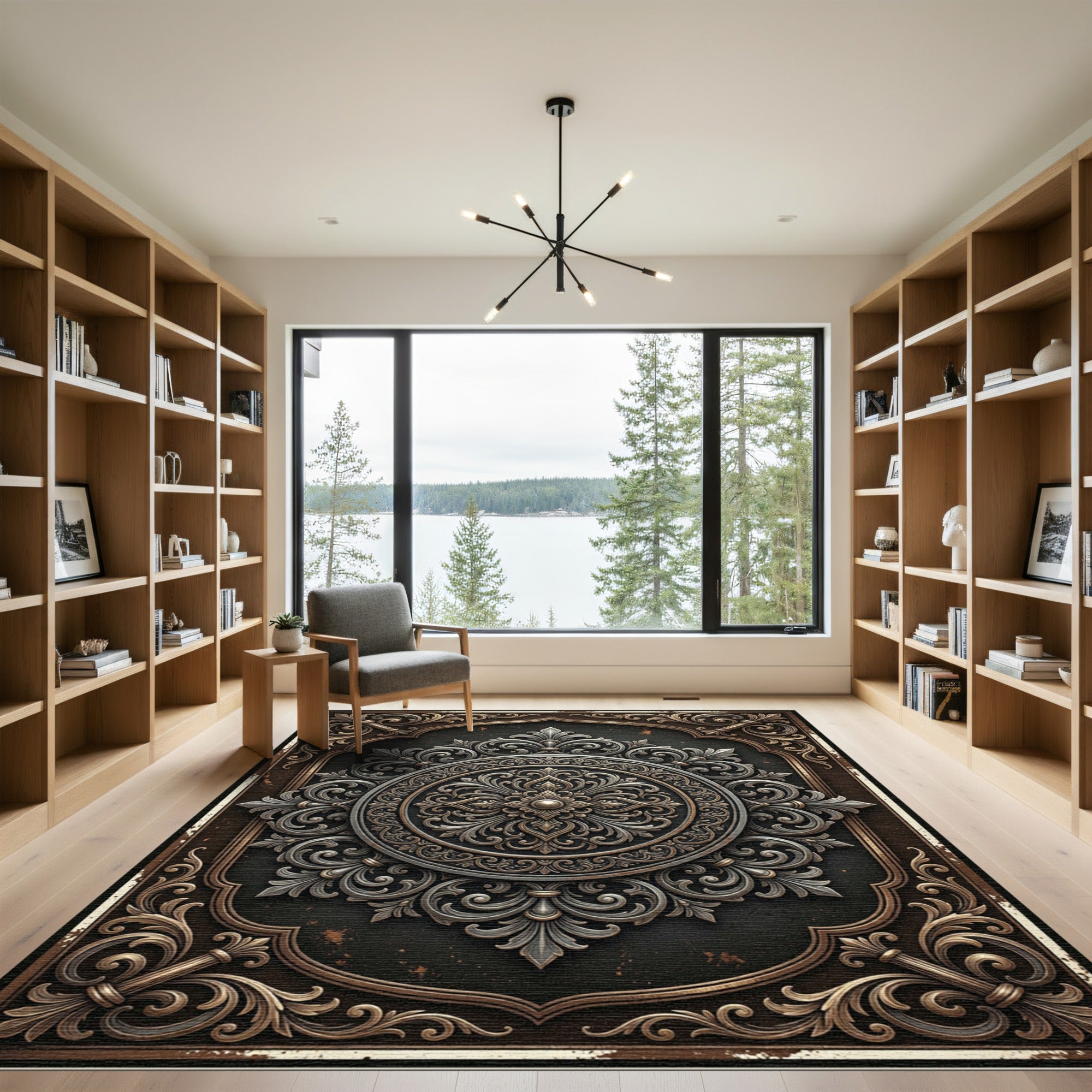 Ornate Bronze Silver Filigree Medallion Rug