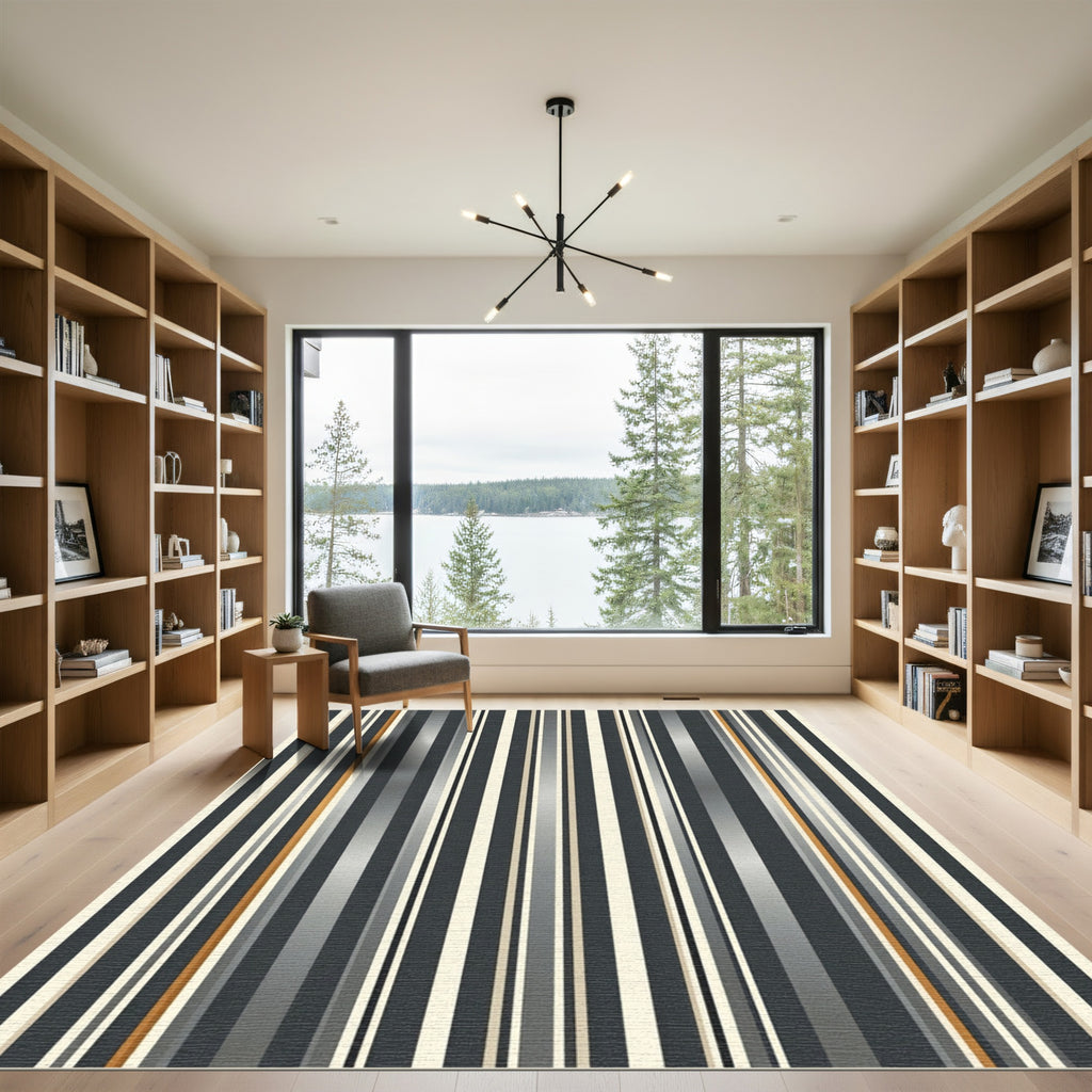 Modern Charcoal and Gold Vertical Stripe Rug