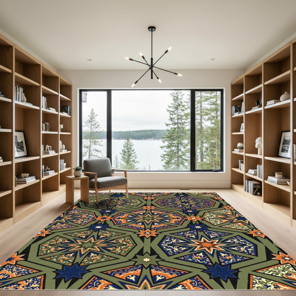Green and Orange Geometric Star Mosaic Rug