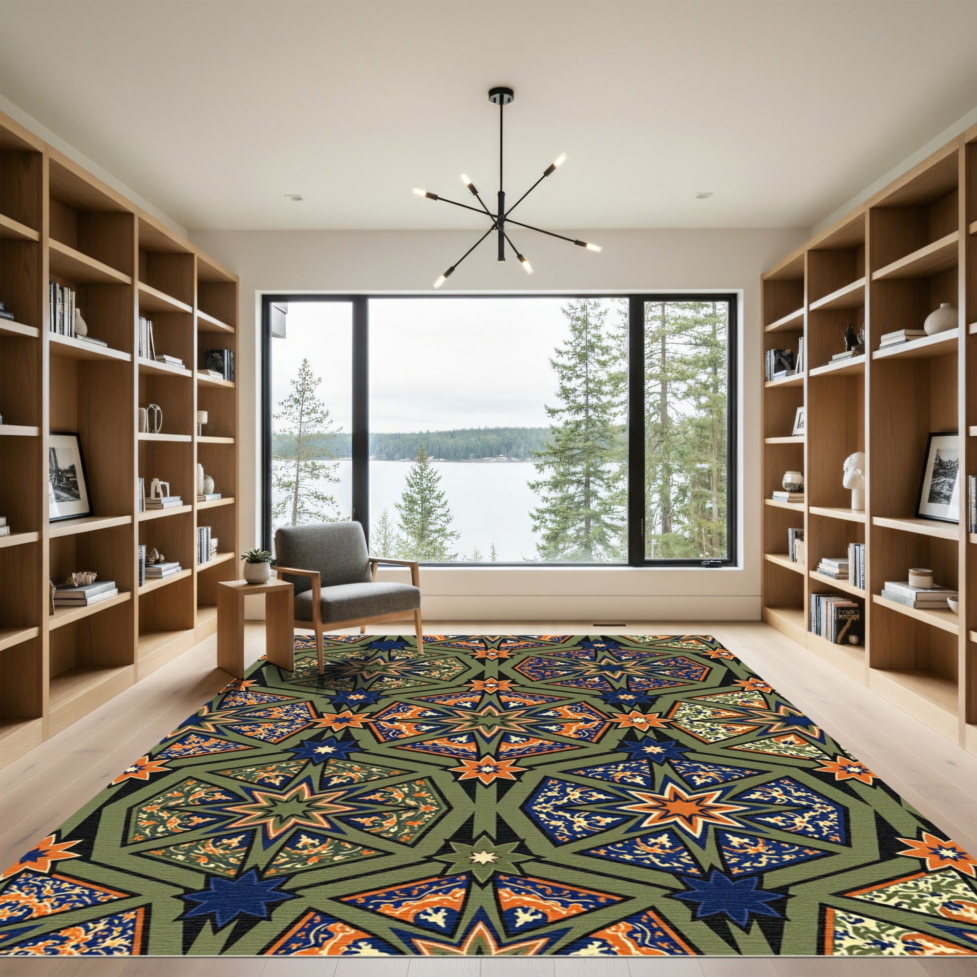 Green and Orange Geometric Star Mosaic Rug