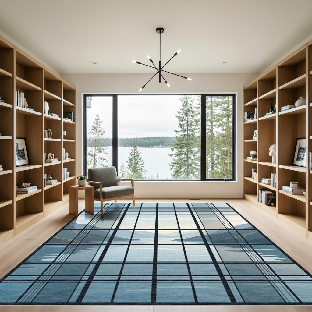 Serene Mountain Lake Grid Window View Rug