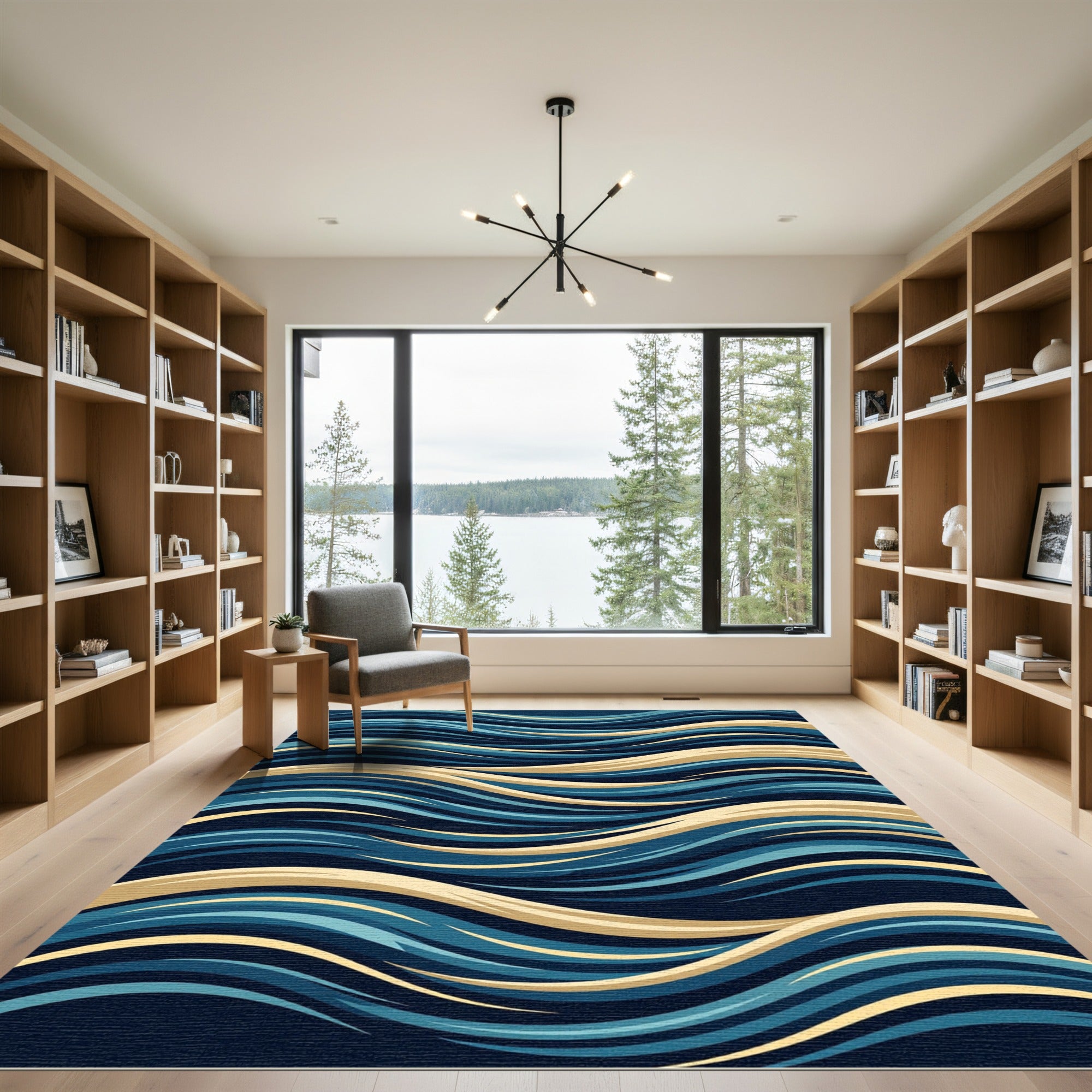Abstract Golden Blue Flowing Wave Rug