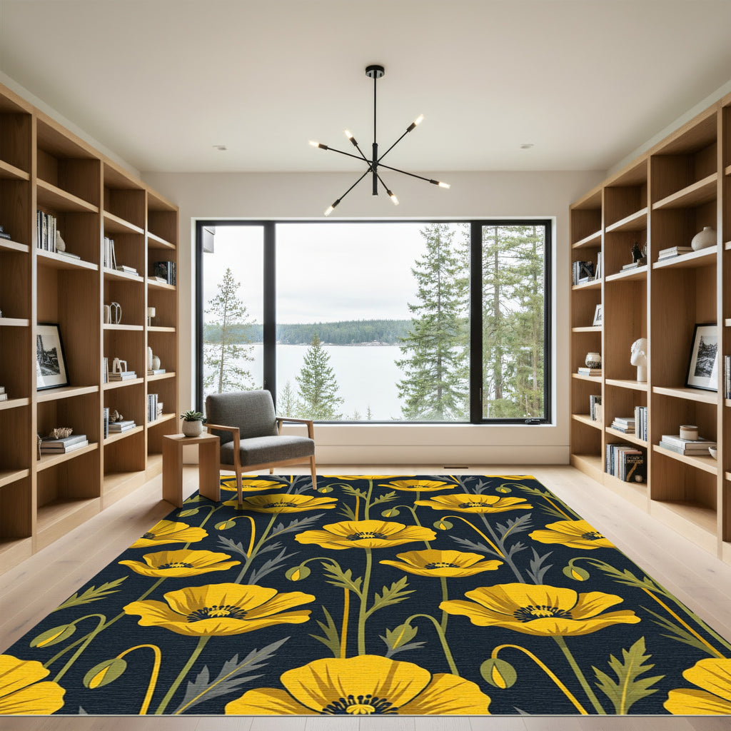 Golden Poppy Botanical Navy Floral Rug