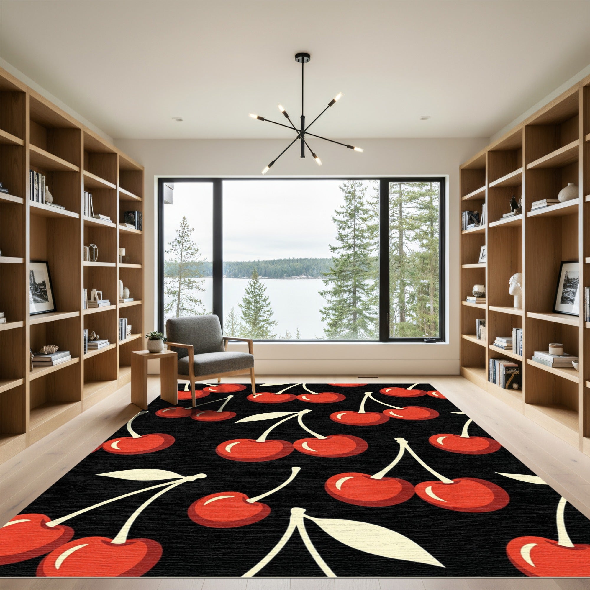 Retro Cherry Fruit Black Background Rug