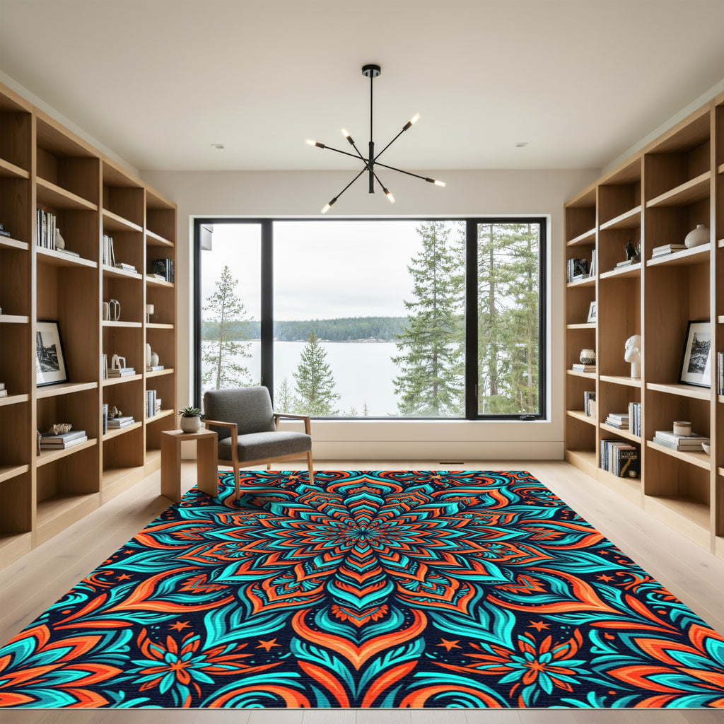 Vibrant Teal Orange Mandala Bloom Rug
