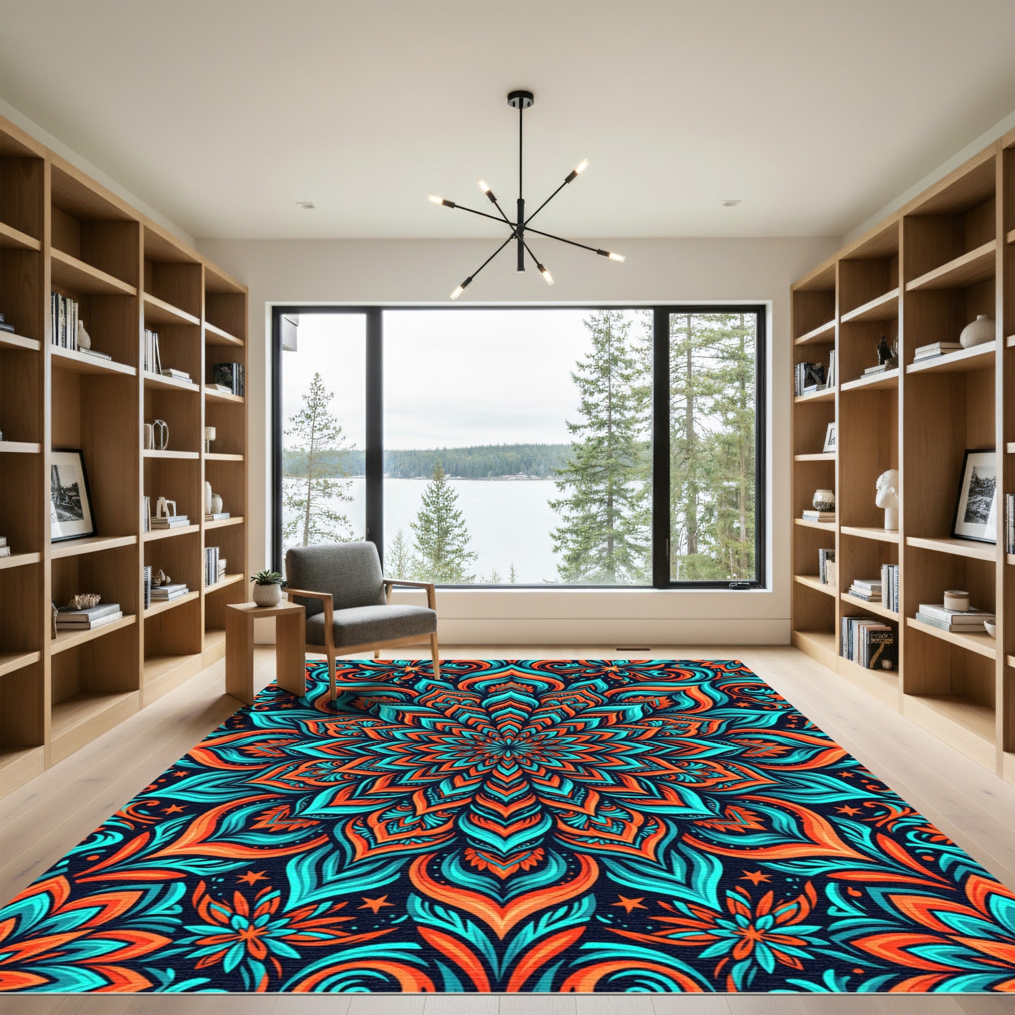 Vibrant Teal Orange Mandala Bloom Rug