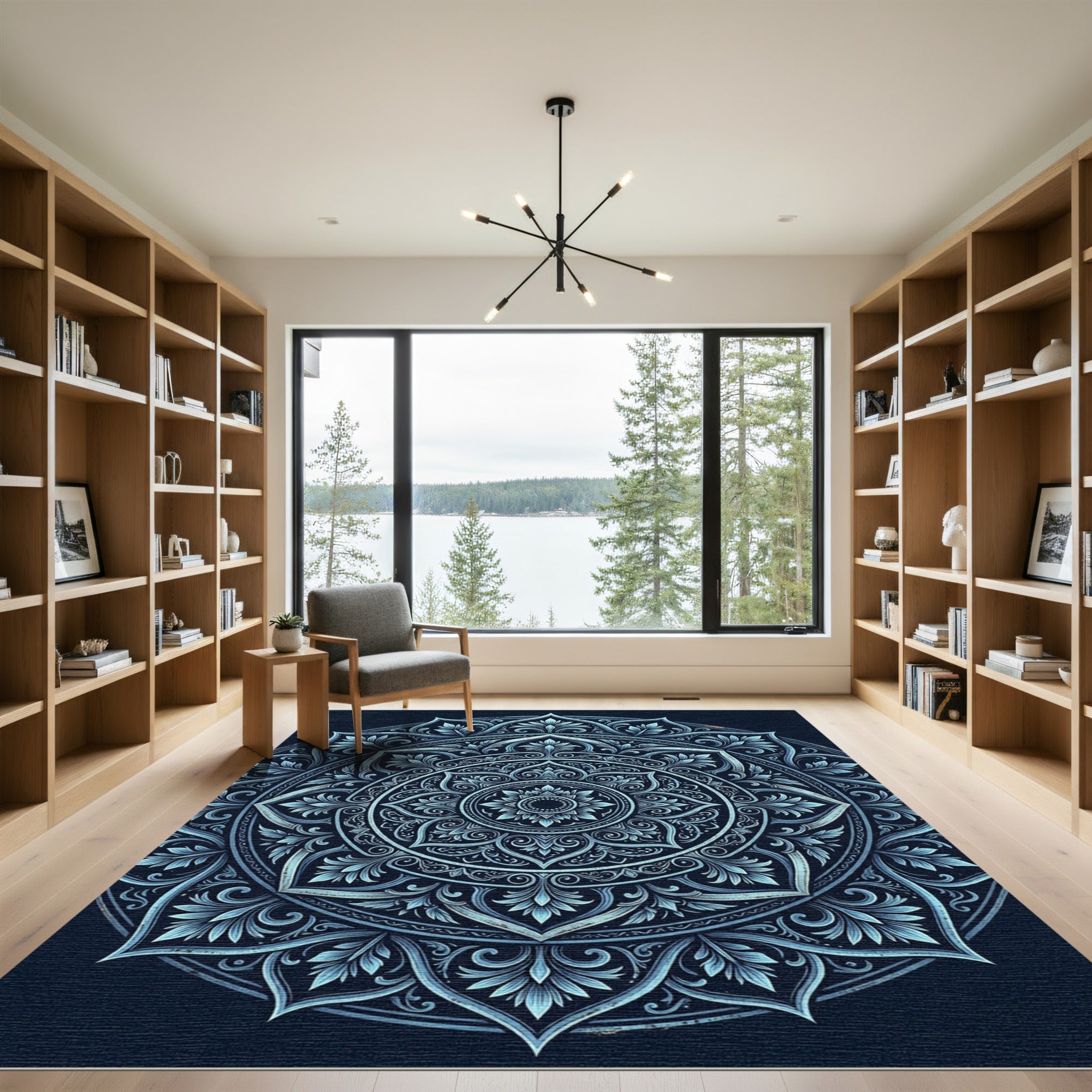 Midnight Blue Ornate Celestial Mandala Rug