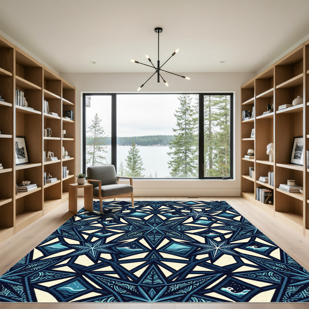Geometric Nautical Star And Ocean Wave Rug