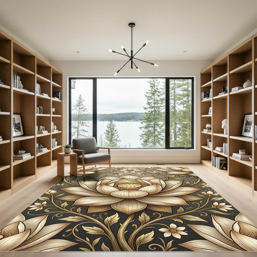 Elegant Golden Lotus Floral Art Rug