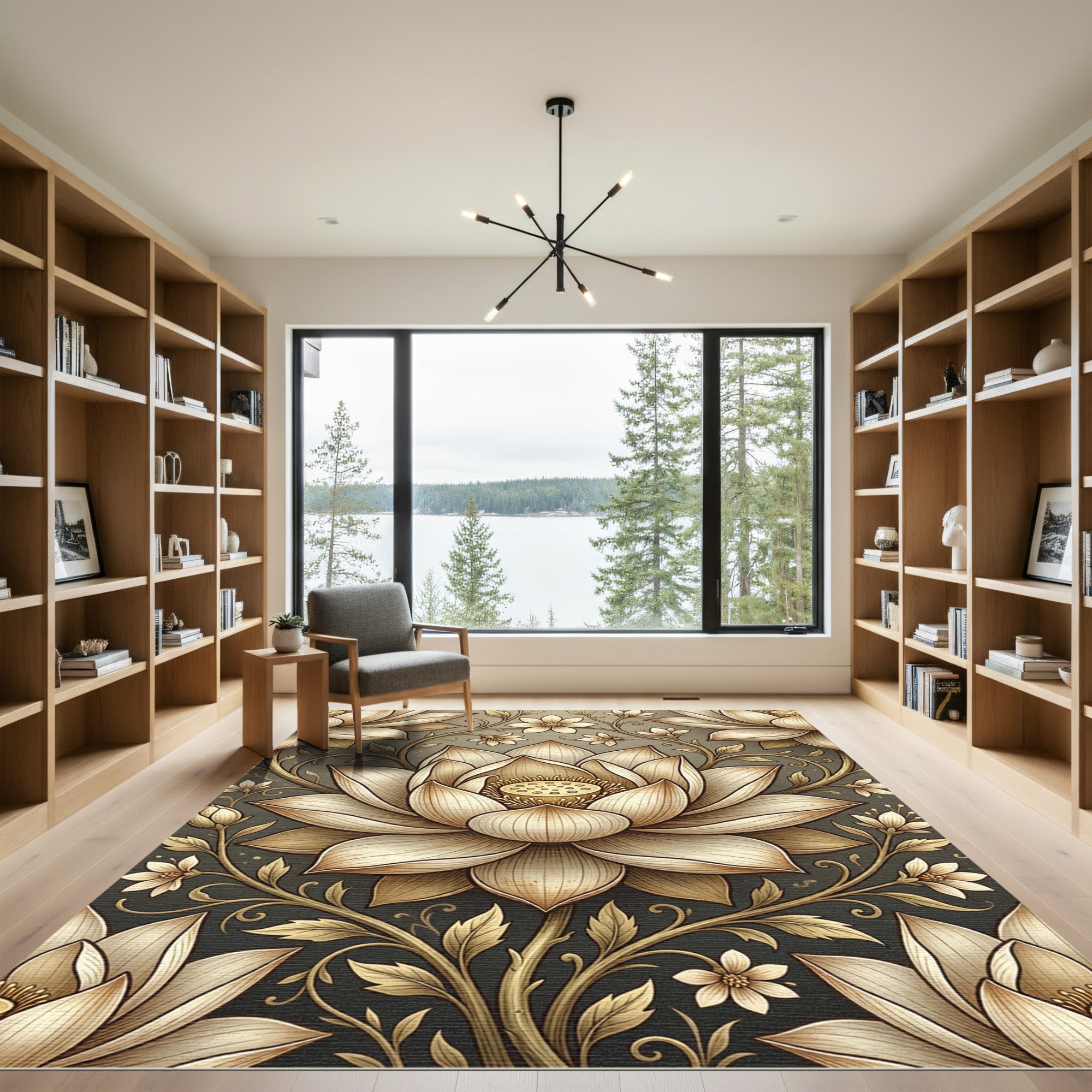 Elegant Golden Lotus Floral Art Rug