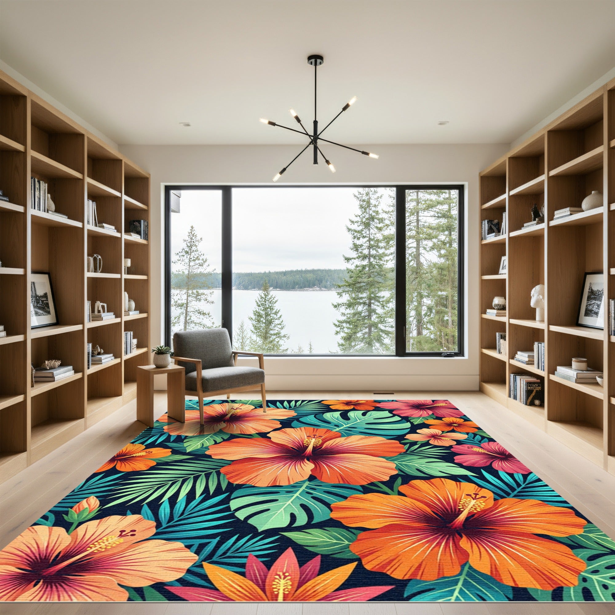 Vibrant Tropical Hibiscus Floral Art Rug