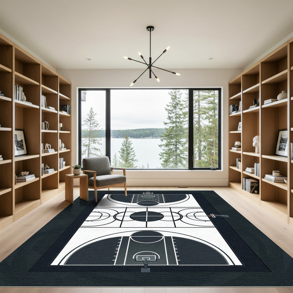 Minimalist Monochrome Basketball Court Graphic Rug