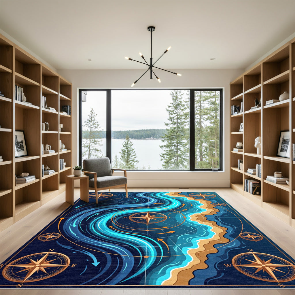 Coastal Compass Navy Blue Ocean Swirls Rug