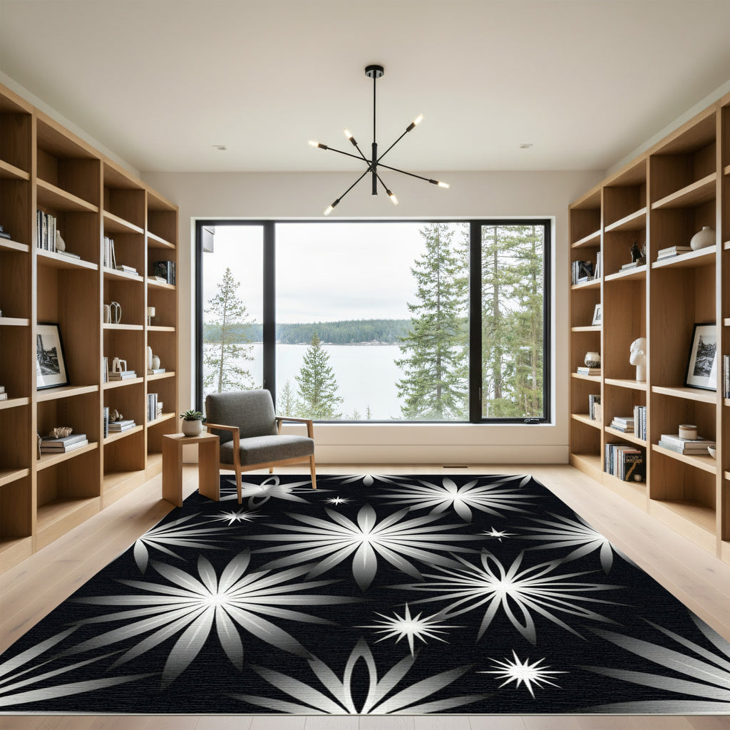Silver Starburst Floral Black Rug