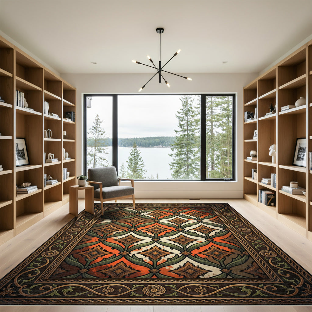 Art Nouveau Copper Diamond Botanical Frame Rug