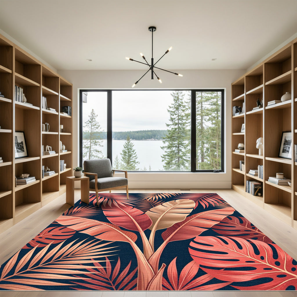 Coral Pink Tropical Leaf Arrangement Rug
