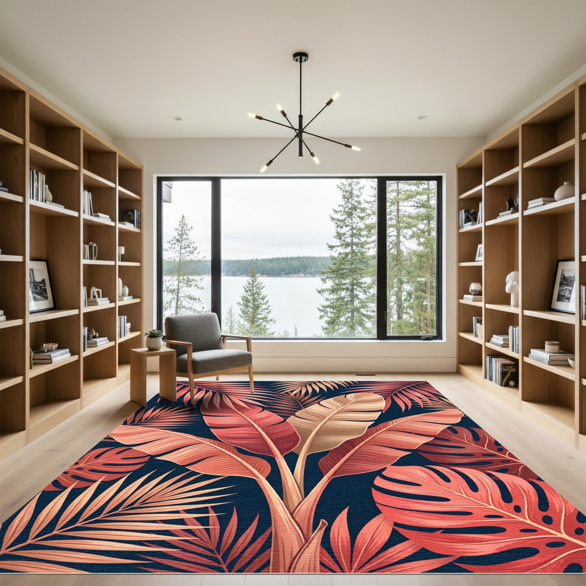 Coral Pink Tropical Leaf Arrangement Rug