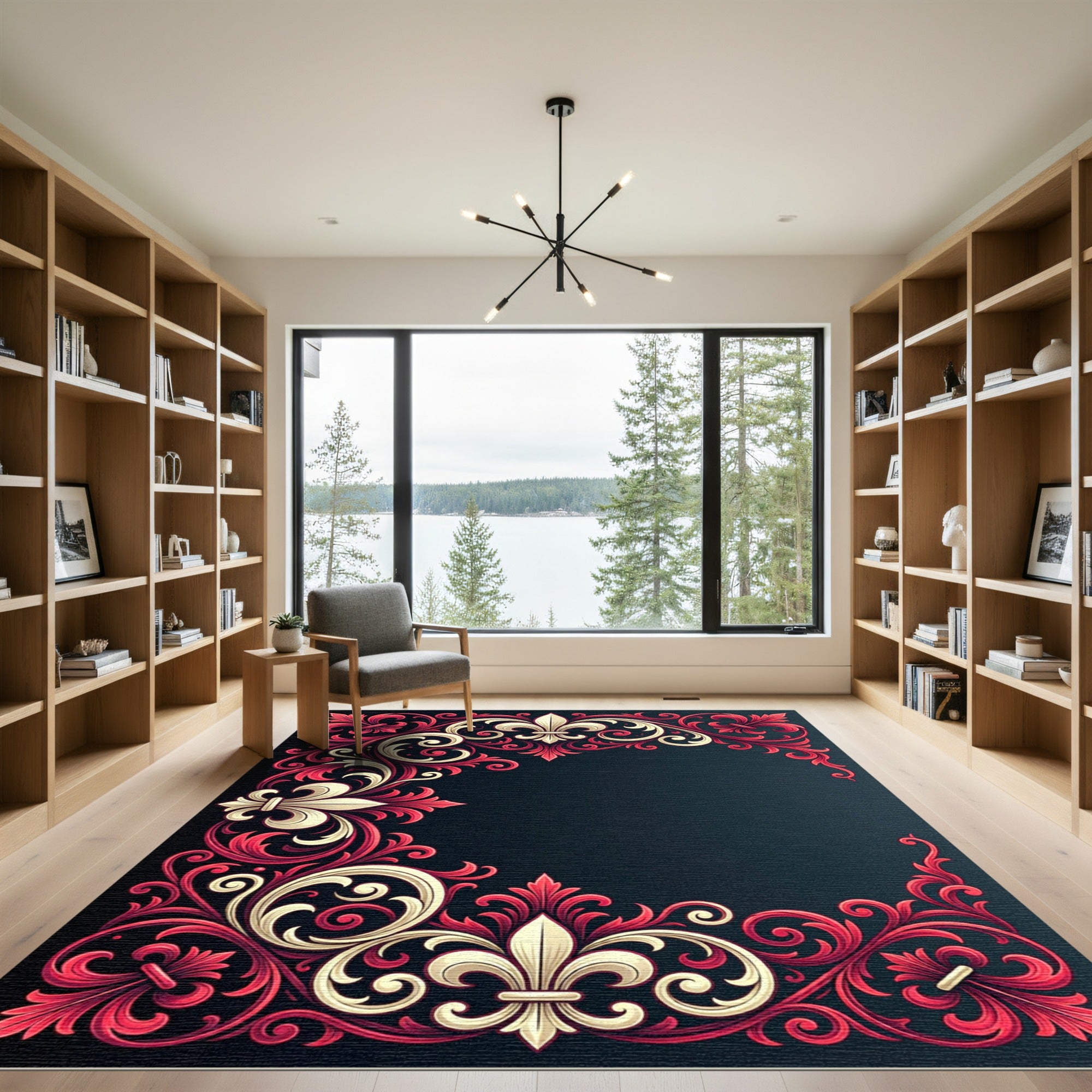 Ornate Crimson Fleur-de-lis Scroll Accent Rug