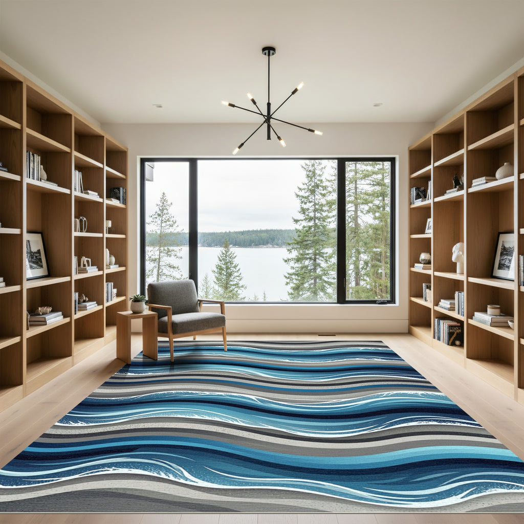 Abstract Blue Wave Rippled Ocean Rug