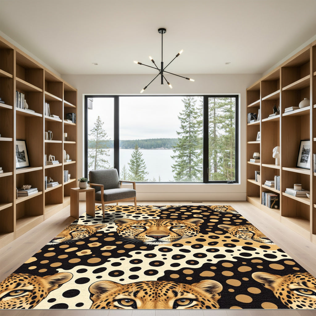 Artistic Fierce Leopard Face Gold Black Rug