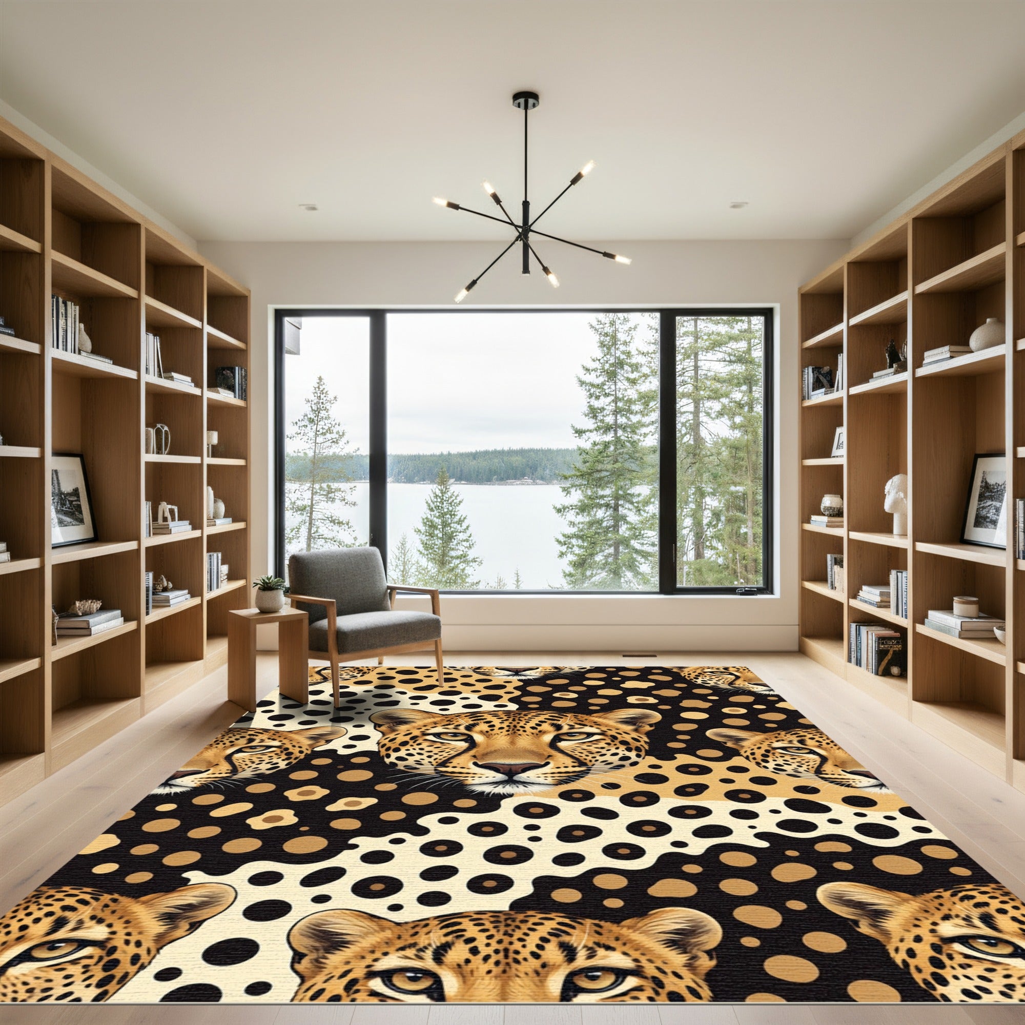 Artistic Fierce Leopard Face Gold Black Rug