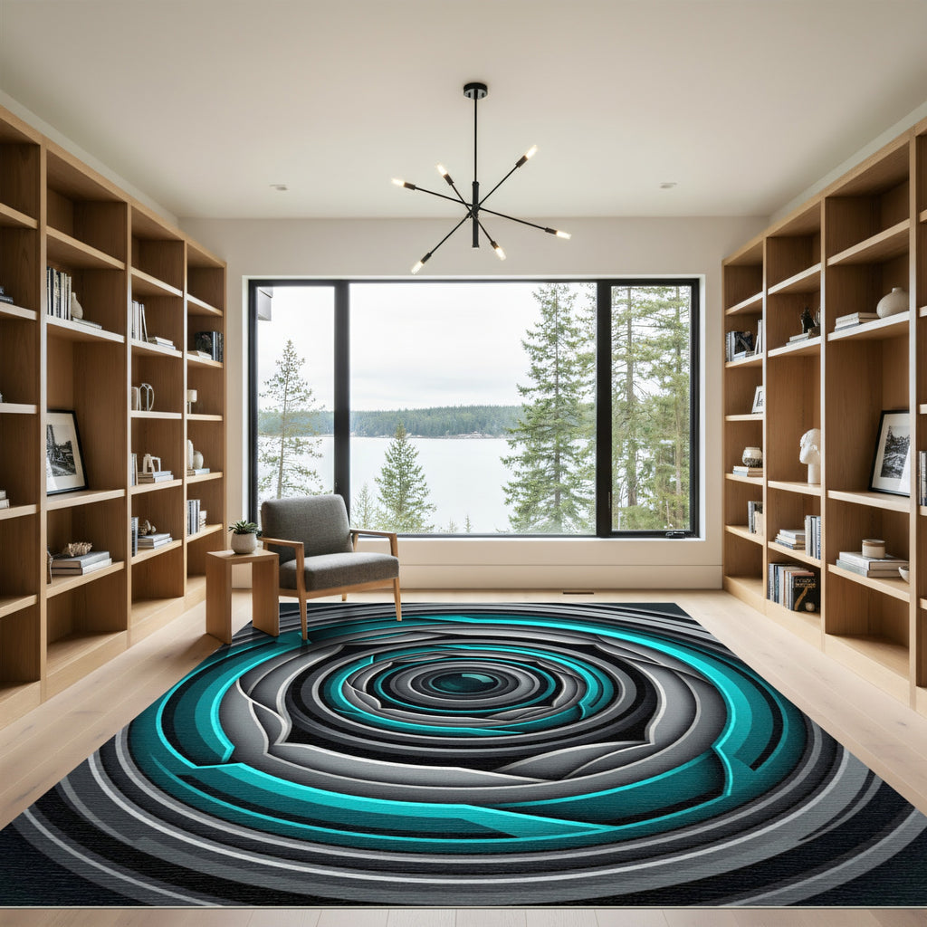 Cyan Abstract Circular Vortex Art Rug
